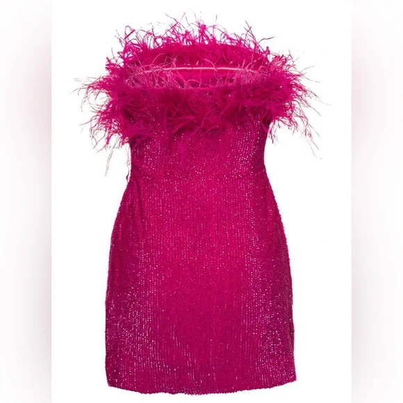 NWT Retroféte Torin Sequin Bandeau Ostrich-trim Mini Dress In Pink. Size Large